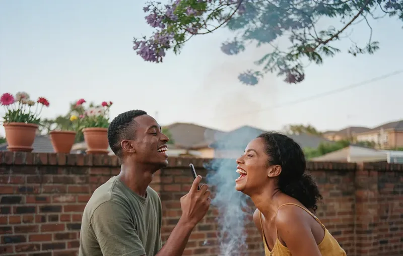 Two friends laughing at a braai while looking at a poll on a phone