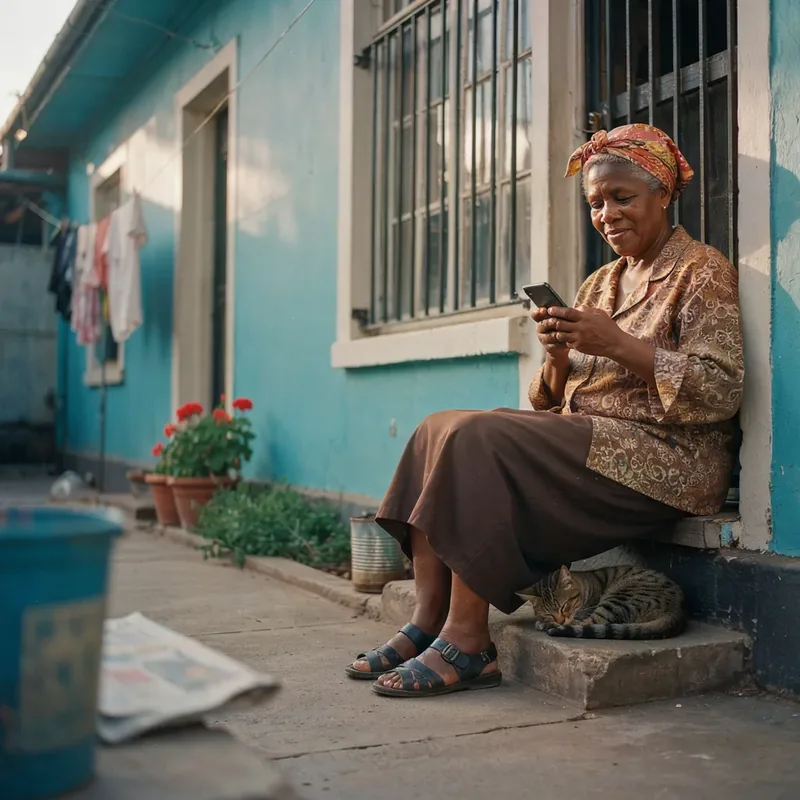A grandmother sitting on her stoep, smiling at a poll on her phone