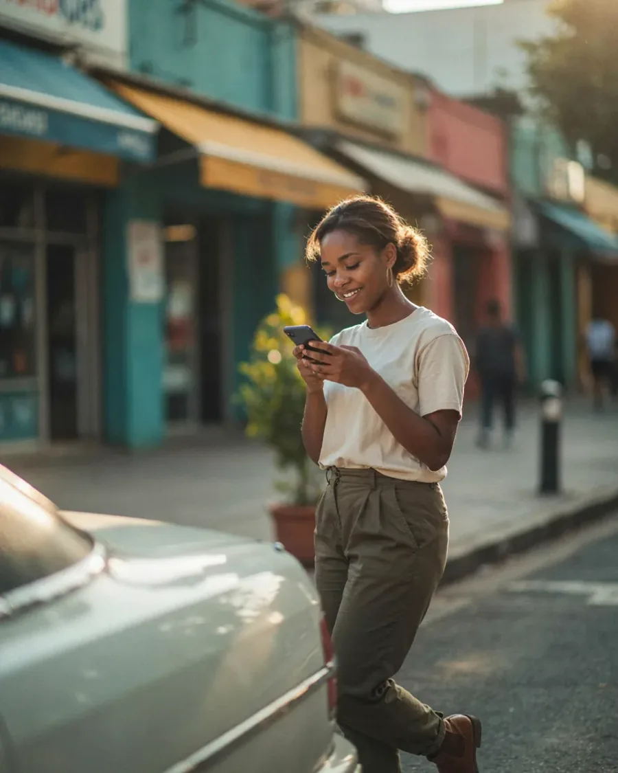 A young South African woman smiling as she votes on a poll on her phone on a Johannesburg street