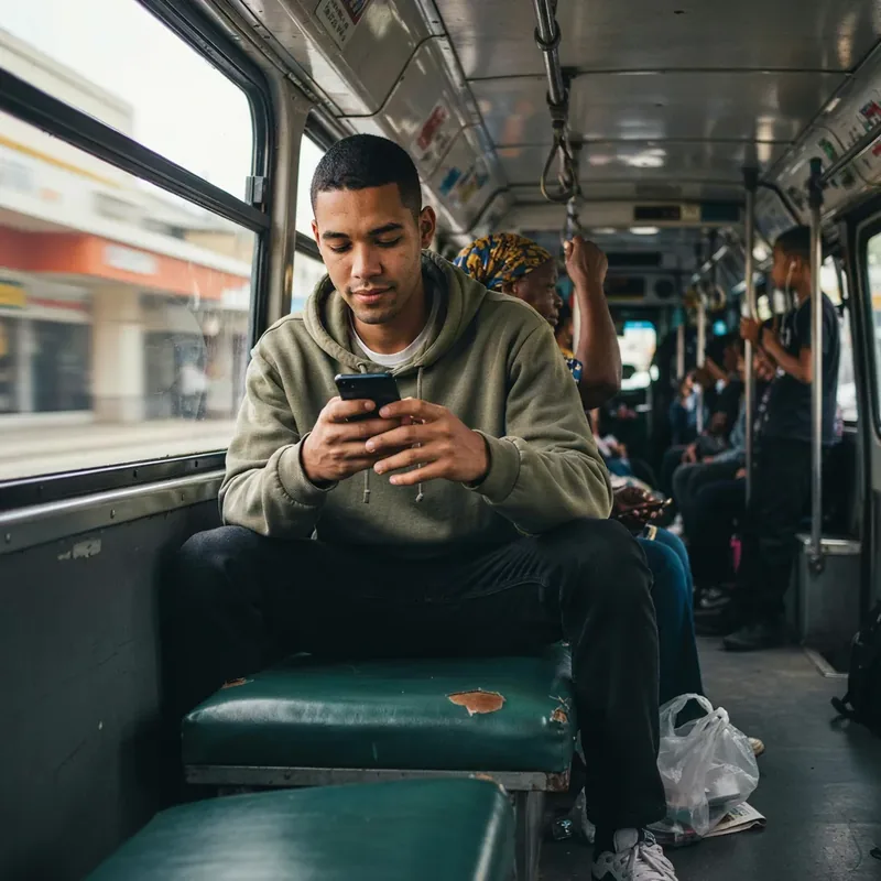 A commuter voting on a poll on his phone inside a minibus taxi