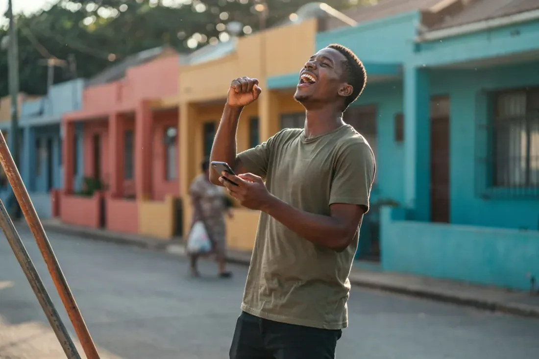 A young South African man celebrating after winning an SA Says giveaway on his phone